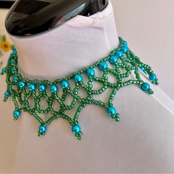 Handcrafted Beaded Choker Sea Green Green & Aqua Mermaid Boho Necklace - Picture 3 of 9